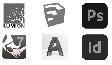 Lumion, SketchUp, Photoshop, Rhino, AutoCAD, InDesign
